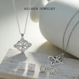 AELNEN Celtic Knot Jewelry Set - Silver-Tone Zircon & Black Enamel Pendant Necklaces + Stud Earrings - Retro Literary Style Jewelry - Gift for Her
