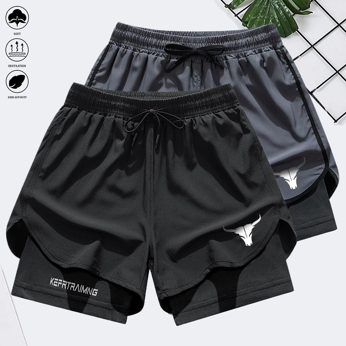 Men's two-in-one letter and bull head print double-layer drawstring waist sports shorts, quick-dry sports shorts, designed for sports, suitable for fitness and marathon training, featuring a double-layer lining. Elastic Drawstring Jogger Shorts