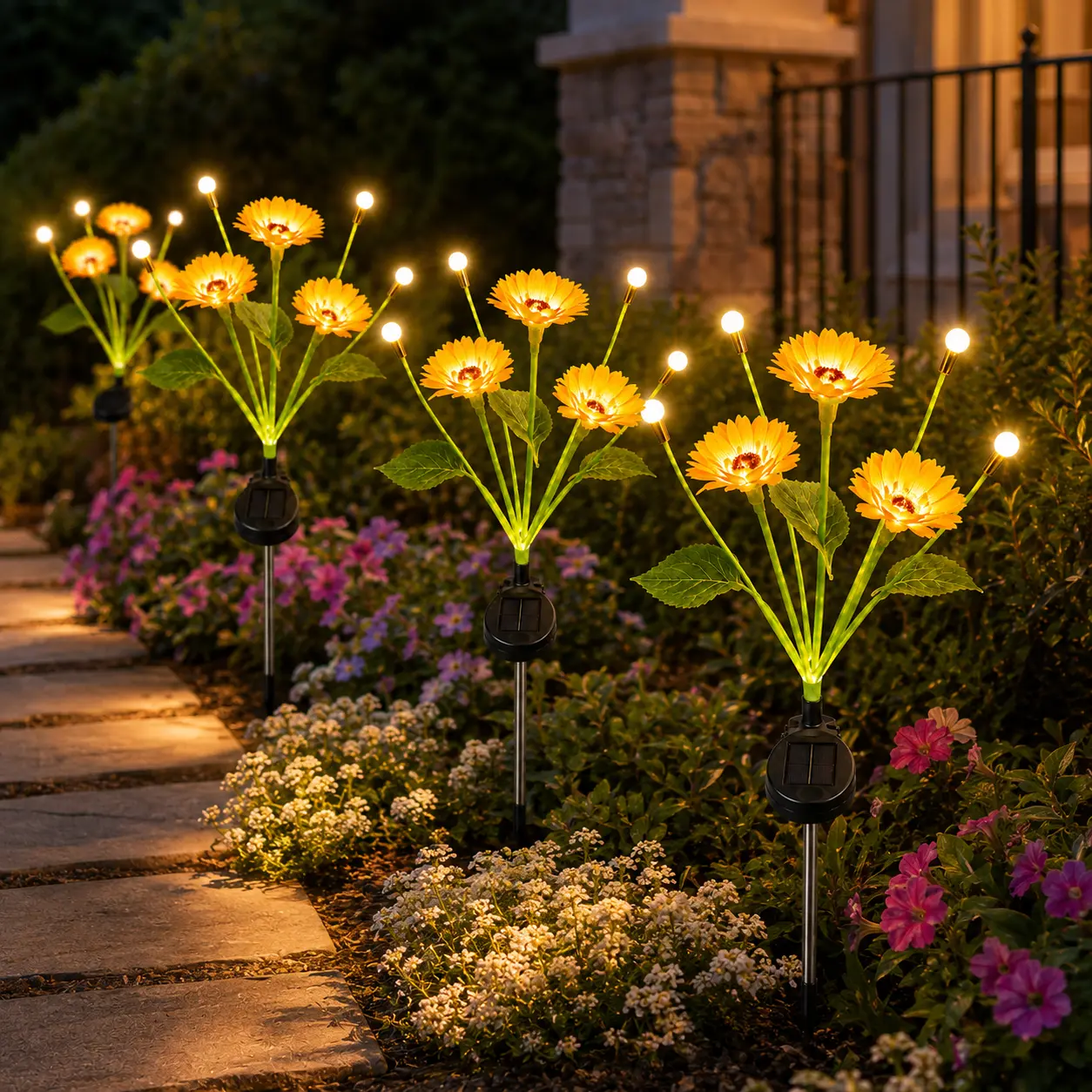 Solar Sunflower Firefly Stake Lights, 4-Head LED Solar-Powered Weather-Resistant Warm White Outdoor Landscape Lights for Yd Patio Lawn Decor