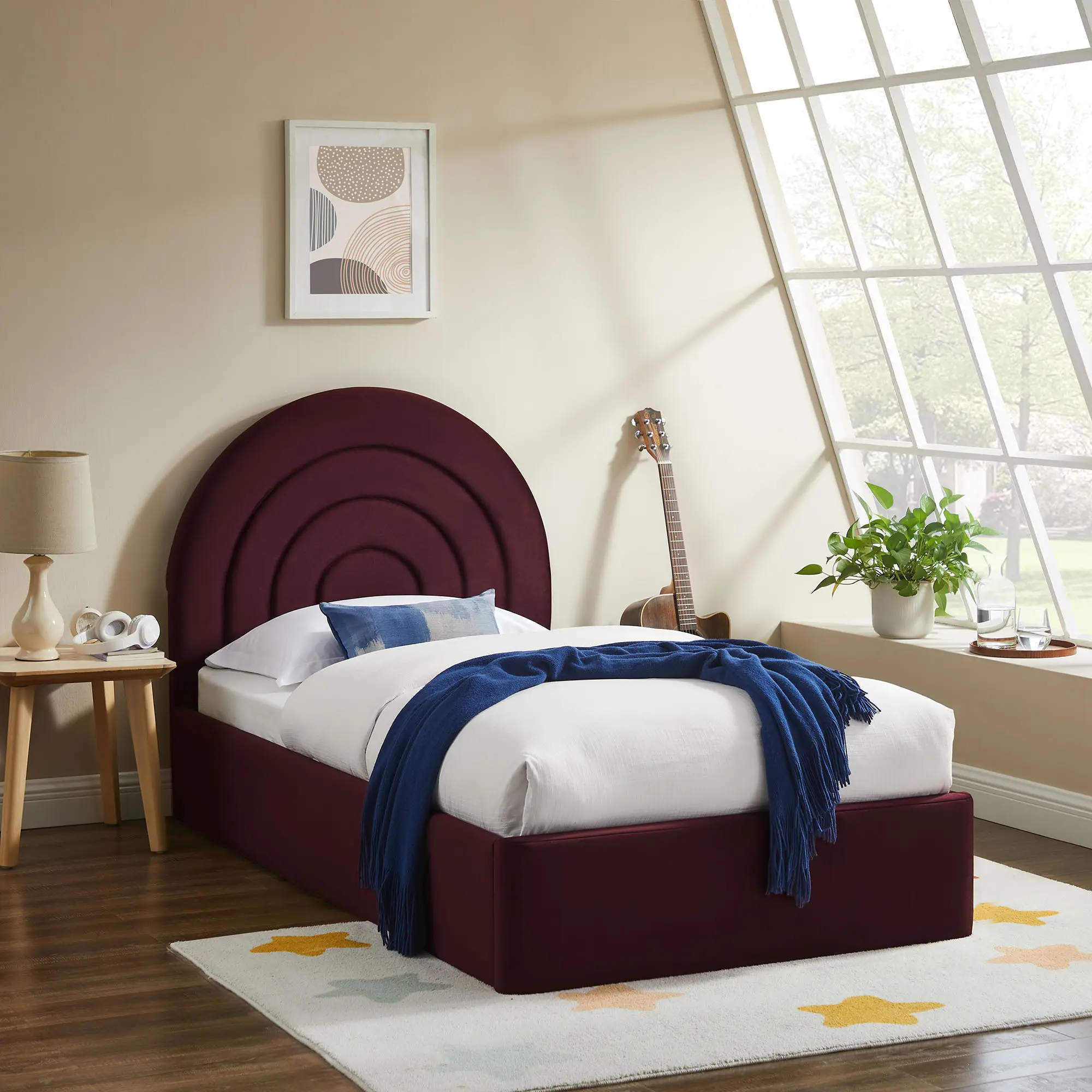 Solana Arched Performance Velvet Twin Platform Bed in Mulberry