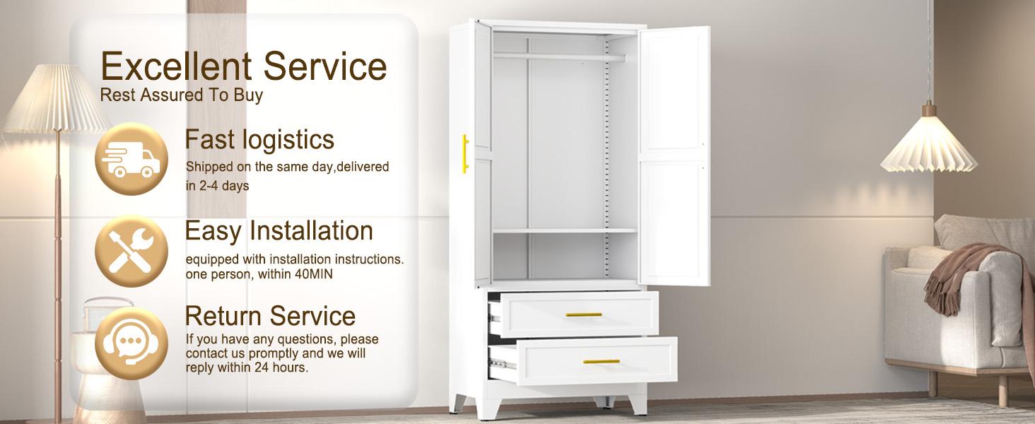 Metal Wardrobe Closet 71" with 2 Doors & 2 Drawers, Armoire Wardrobe Closet with Hanging Rods and Adjustable Shelf, Steel Wardrobe Storage Cabinet for Bedroom, Large mothersdaygift