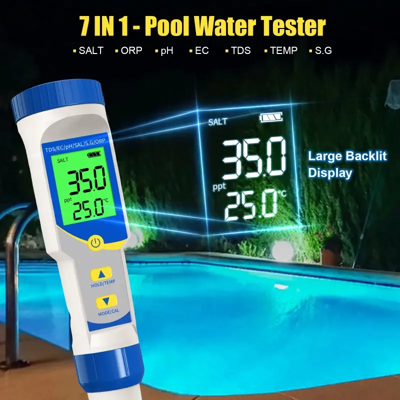 7-in-1 Digital Water Quality Tester, Swimming Pool Accessories - Salt, pH, ORP, EC, TDS Testing Tool with Large Backlit Display for Saltwater Pools, Temperature Measurement Function