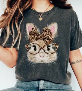 Retro Happy Easter Bunny Tshirt, Coquette Leopard Bunny T-Shirt, Spring Women Tee, Trendy Easter Day Gift