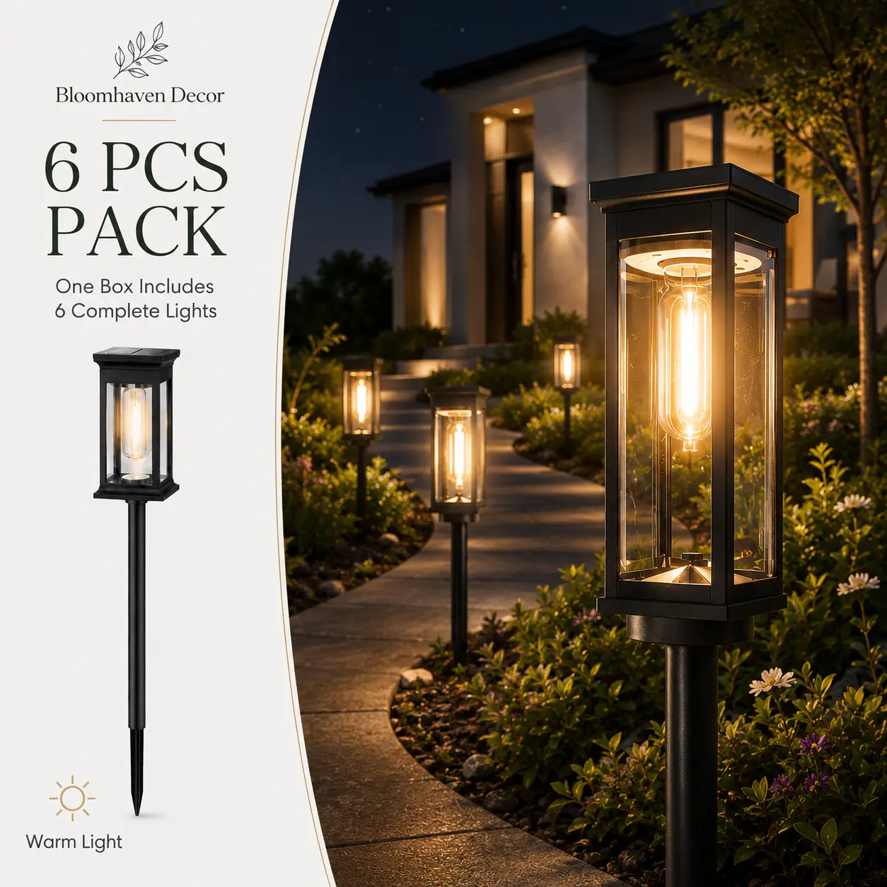 Bloomhaven Decor 6 Pack Solar Pathway Lights Outdoor, Warm White Waterproof Garden Stake Lights, Auto On/Off Solar Landscape Lighting for Walkway, Yard, Driveway, Patio & Flower Bed,dorm essentials,home decor,home essentials,camping essentials tiktokshopb