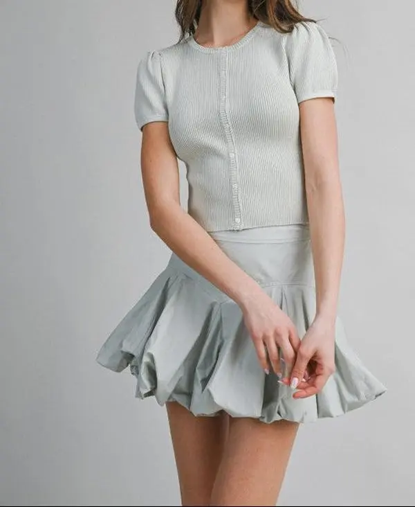 Light Sage Ribbed Button Knit Top And Mini Bubble Skirt Set