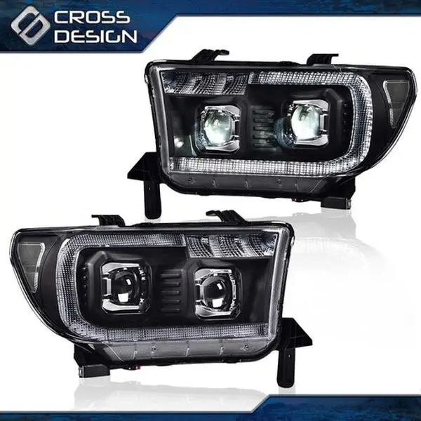 CROSSDESIGN Durable LED Halo Projector Beam Headlight Assemblies Kit, Aftermarket Bulbs Headlight Assemblies for 07-13 Toyota Tundra & Sequoia, Automotive Decorative LED Light, Led Headlamp, Led Front Lights
