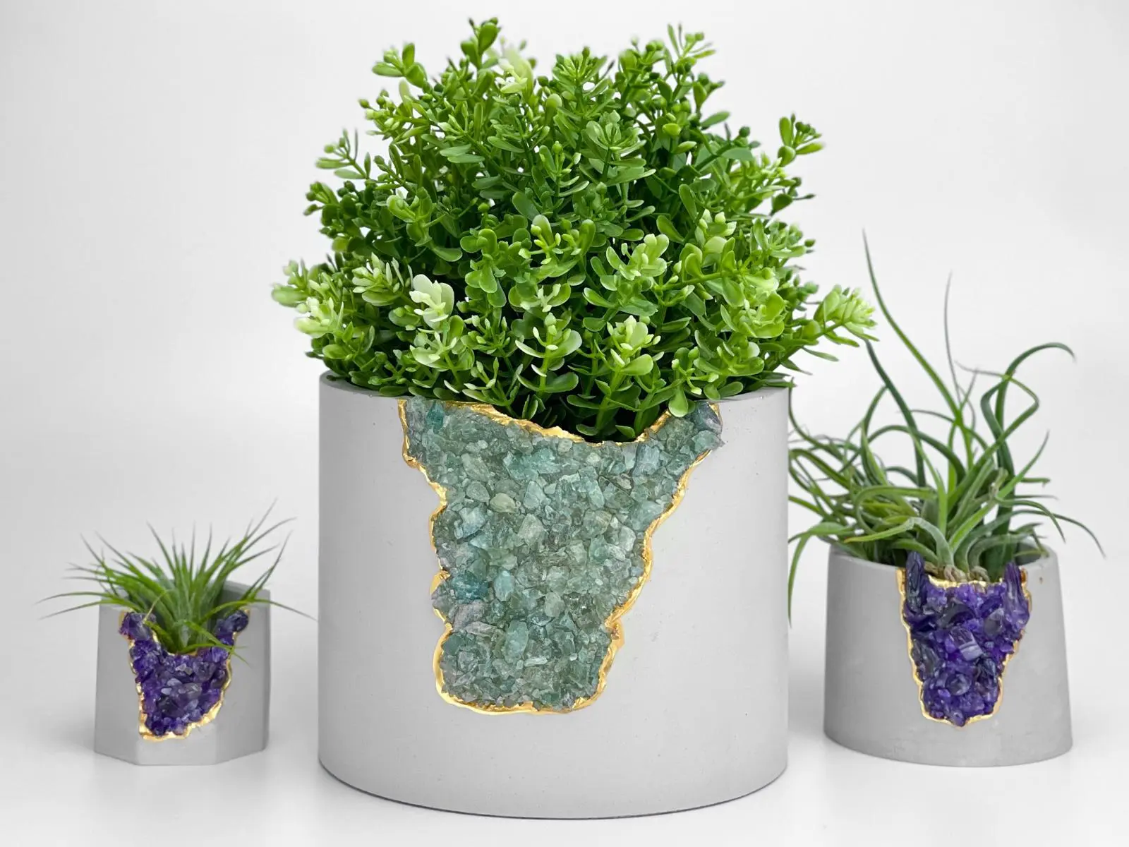 Green Apatite Crystal Planter Pot, Cement Geode Vase Gift