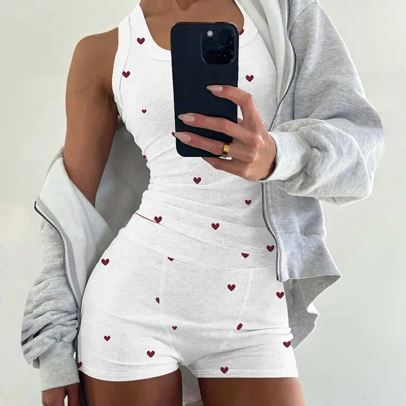 CHICME Women's 2 Pieces Pajamas Set Heart Pattern U Neck Tank Waist Shorts Set