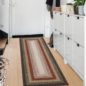 Garvee Washable Non Slip Braided Runner Rug 2x8 - Stain Resistant Farmhouse Style Hallway, Kitchen, Living Room, Bathroom, Entryway Accent Mat in Crimson and Earthy Tones
