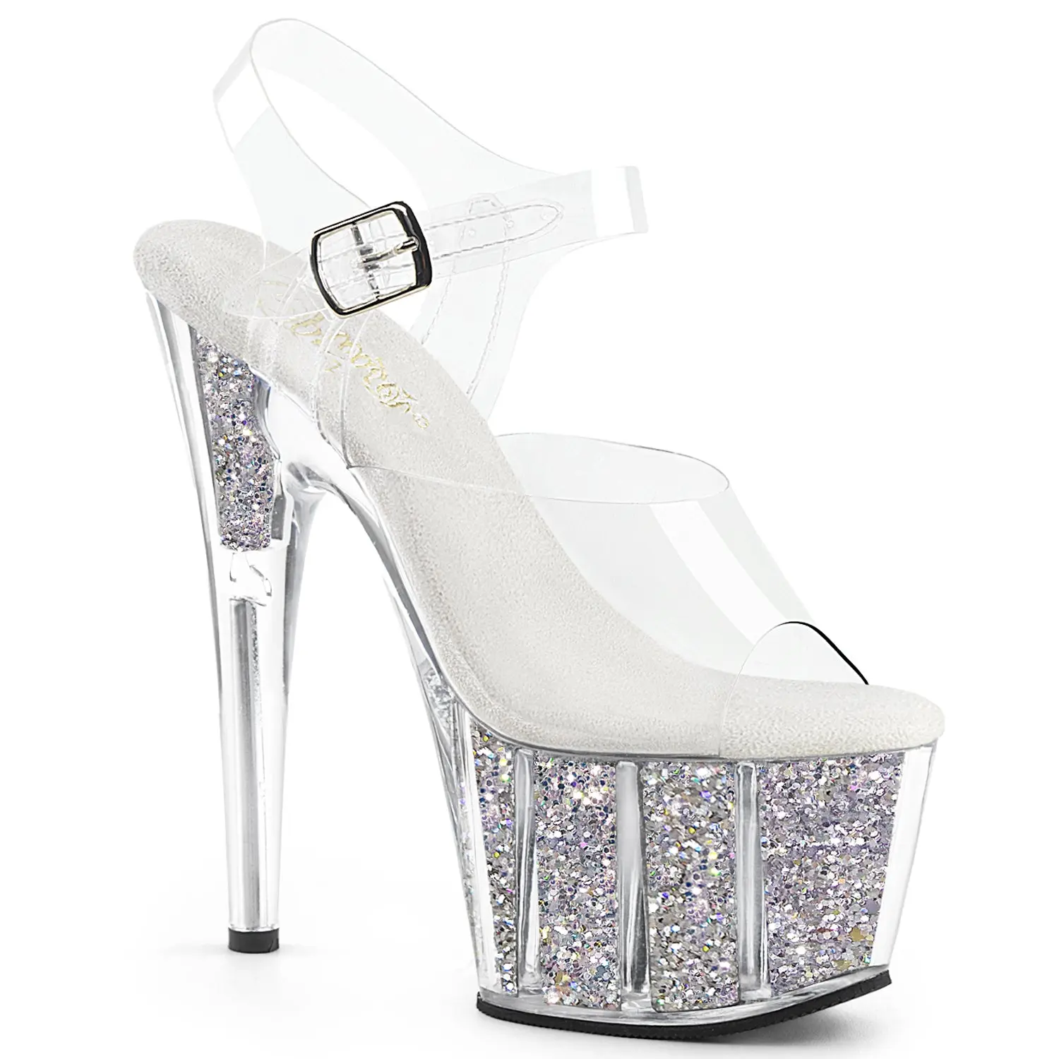 Pleaser Adore-708G Women's Fashion Heeled Footwear - Clear/Silver Glitter Strappy Platform Sandals
