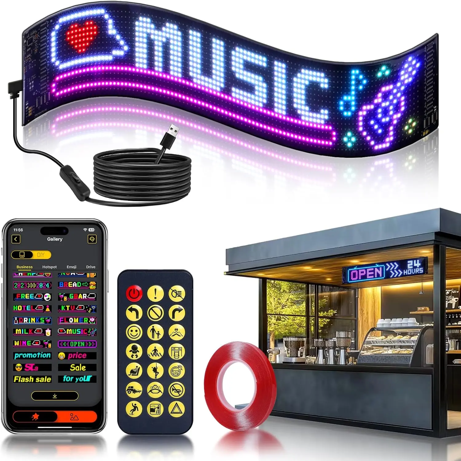 Portable Flexible LED Shop Signage - Programmable, Custom Text Animations, Doodle Patterns, Music Rhythm Clock, App/Remote Control, USB-Powered, IP67 Waterproof, 5V 2A 10W Energy-Efficient, for Automotive Use, All Seasons, Automated Specialty & Decorative