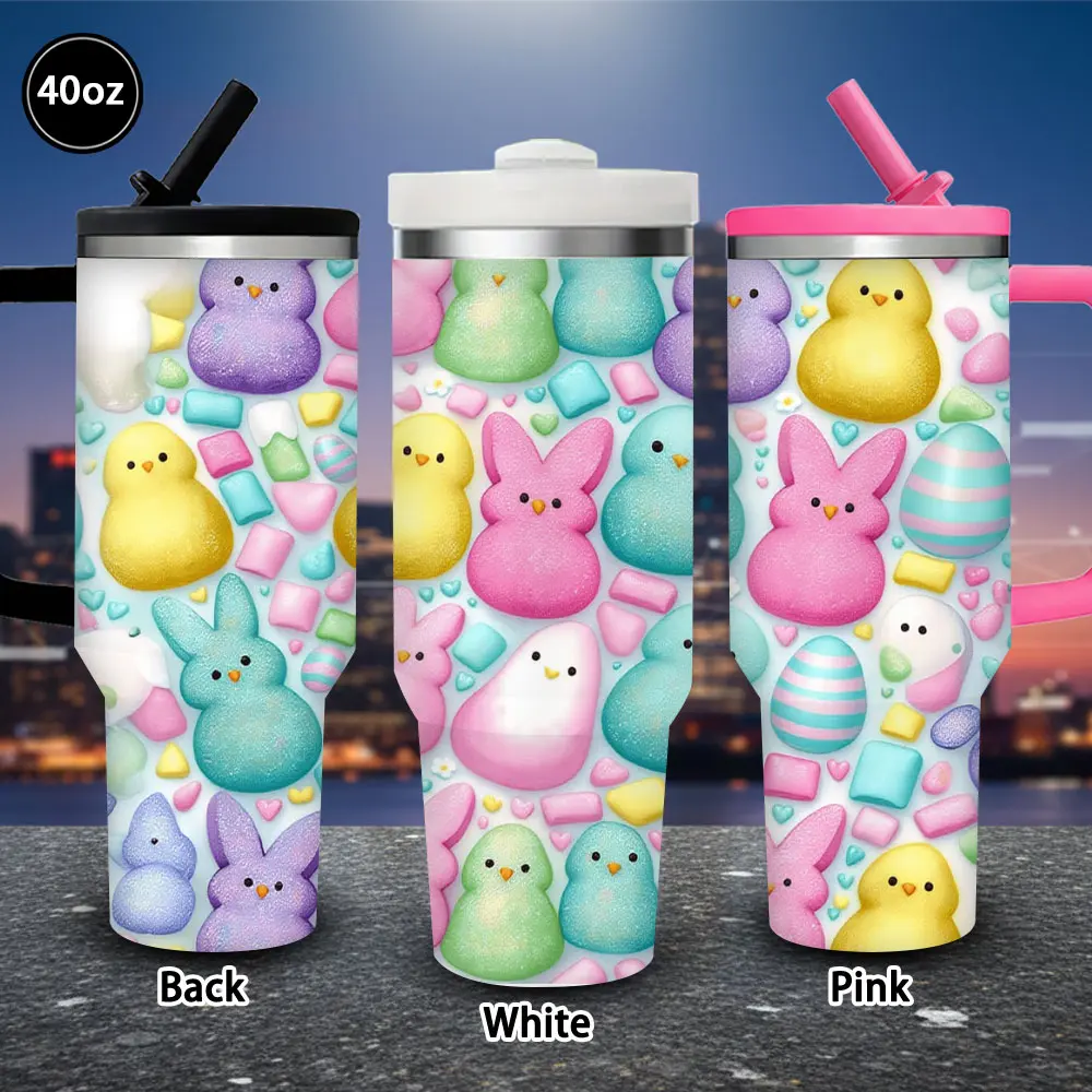 1 pc 40 oz pastel Easter candy art-style bunny and chick figurines tumbler with lid and straw, winter insulated travel mug, gift for women and men, ideal for Valentine’s Day, Easter, and birthday gifts, suitable for iced or hot coffee