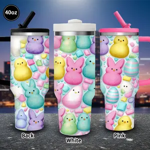 1 pc 40 oz pastel Easter candy art-style bunny and chick figurines tumbler with lid and straw, winter insulated travel mug, gift for women and men, ideal for Valentine’s Day, Easter, and birthday gifts, suitable for iced or hot coffee