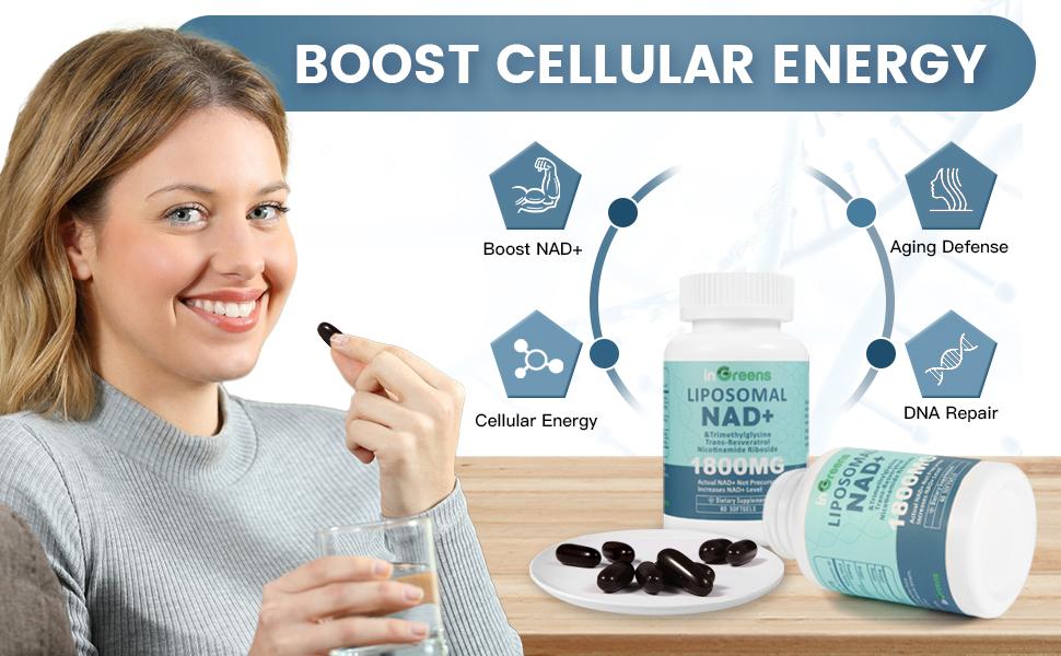 inGreens NAD+ Supplement 1800 mg with Nicotinamide Riboside 200mg, Trans Resveratrol 200mg, Trimethylglycine 200mg，Boost NAD+, Cellular Energy and DNA Repair, 60 Softgels non-pharmaceutical Fitness Healthcare
