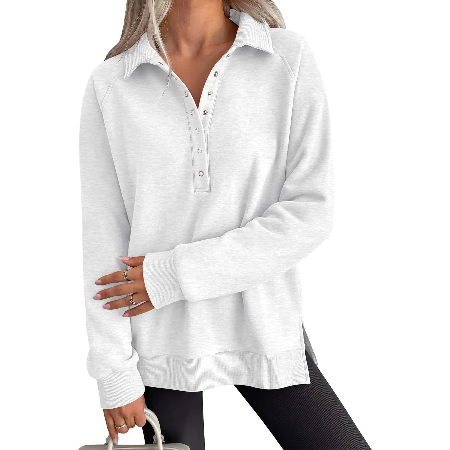 ANRABESS Women's Oversized Button Up Henley Sweatshirts | Collared V Neck Long Sleeve Hoodie, Soft Fleece Pullover Top, Side Slit, Casual Fall Outfit, Preppy College Wear