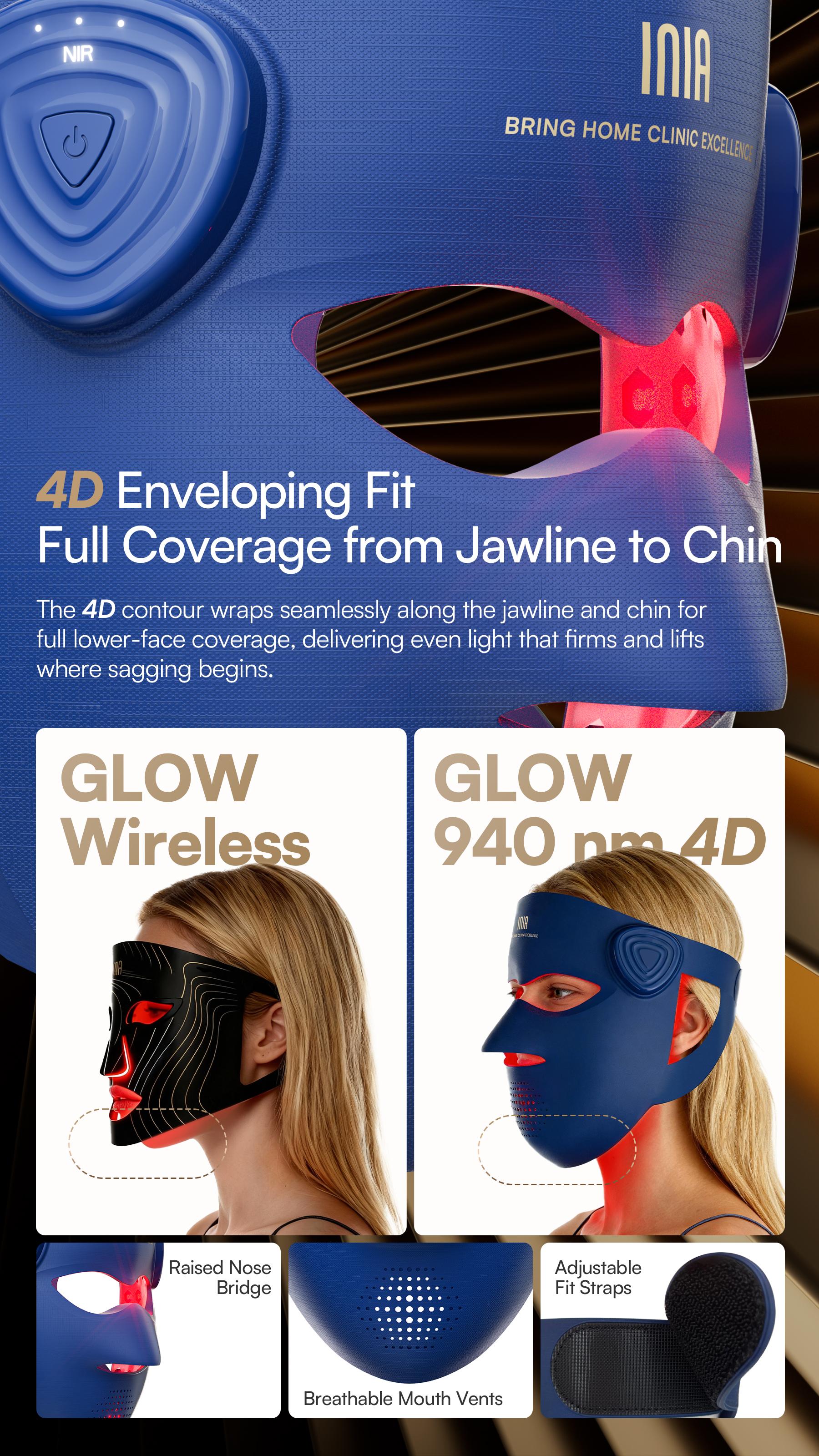 【LIVE EXCLUSIVE】INIA GLOW 940 nm 4D LED Mask – Dual NIR 940 + 850 nm Deep Penetration for Deeper Repair, Visible Lift & Lasting Radiance, 4D Fit for Jawline Lift & Firm, Cooling Therapy, Wireless Comfort, Perfect Black Friday Gift