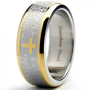 Men's Lord's Prayer Ring Christian Cross Stainless Steel 8MM Goldtone Sizes 7-12