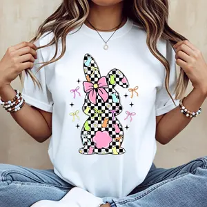 Women’s Cotton Casual Round Neck Short/Regular Sleeve Easter Bunny Checkered Print T-Shirt for Summer Wear, Machine Washable, Do Not Dry Clean, Made in USA