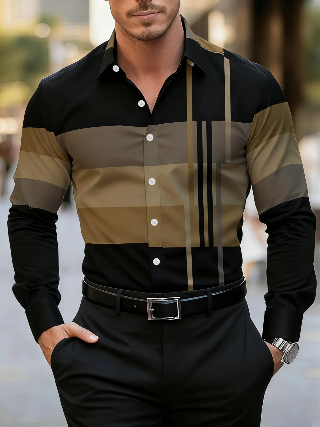 Men's Creative Print Long-Sleeve Collared Button Shirt, Fitted Business Casual Style for All-Season Wear, Collared Shirts