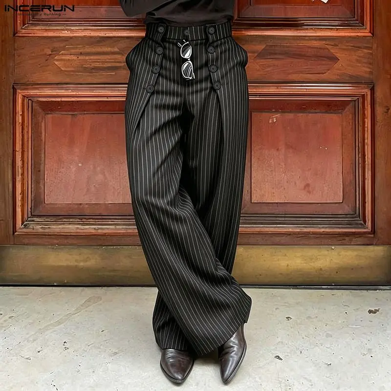 INCERUN Men's Vintage Corset High-Waist Pinstripe Double-Breasted Wide-Leg Pants with Button Accents, Retro Style Loose Patterned Dark Academia Menswear Bottoms, Ideal for Party Events
