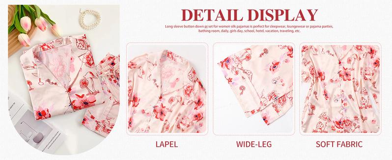 Yimoon  2 Piece Satin Pajama Set for Women Silk Pajamas Set  Floral Pj Set Long Sleeve Button Down Pjs Sleepwear