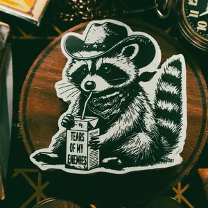 Cowboy Raccoon Sticker – Funny Western Vinyl Decal – “Tears of My Enemies” – Cute Outlaw Trash Panda Gift for Laptop, Water Bottle & More, Laptop Water Bottle Decal Sticker