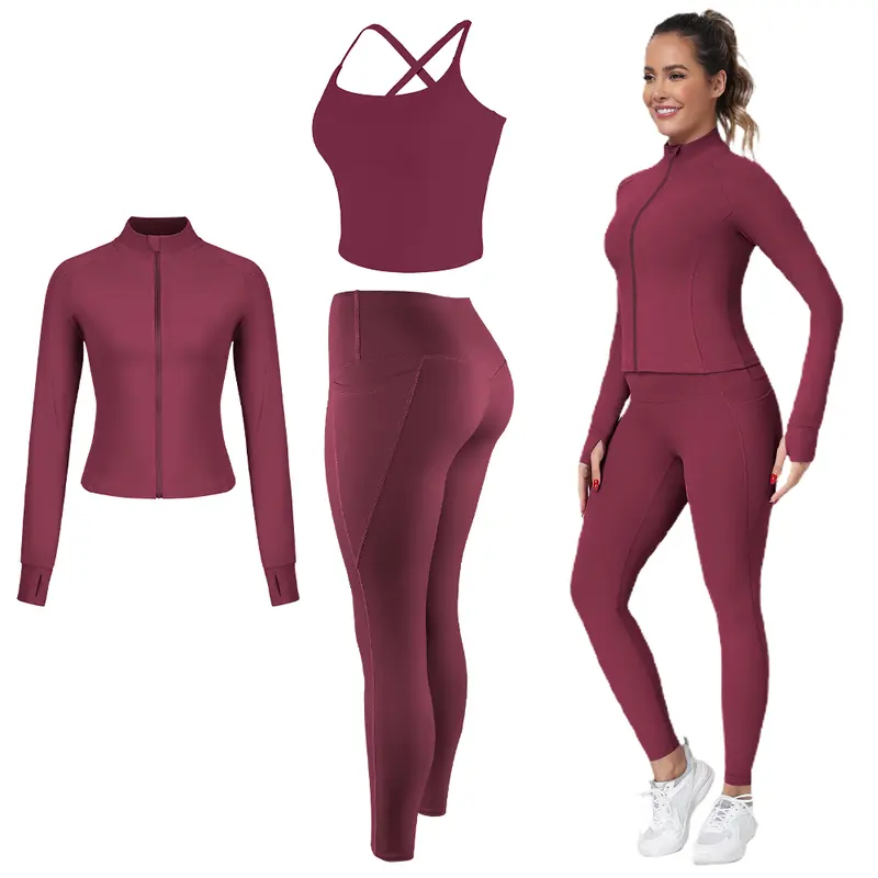 【LOCAL SHIPPING】 New 3-Piece Workout Set - Adjustable Straps Sports Bra + No Front Seam & Butt Lifting Leggings with Pockets + Concealed Full Zip Jacket with Collar Shield – Women’s Yoga Outfit Activewear for Gym Running Training Sportswear