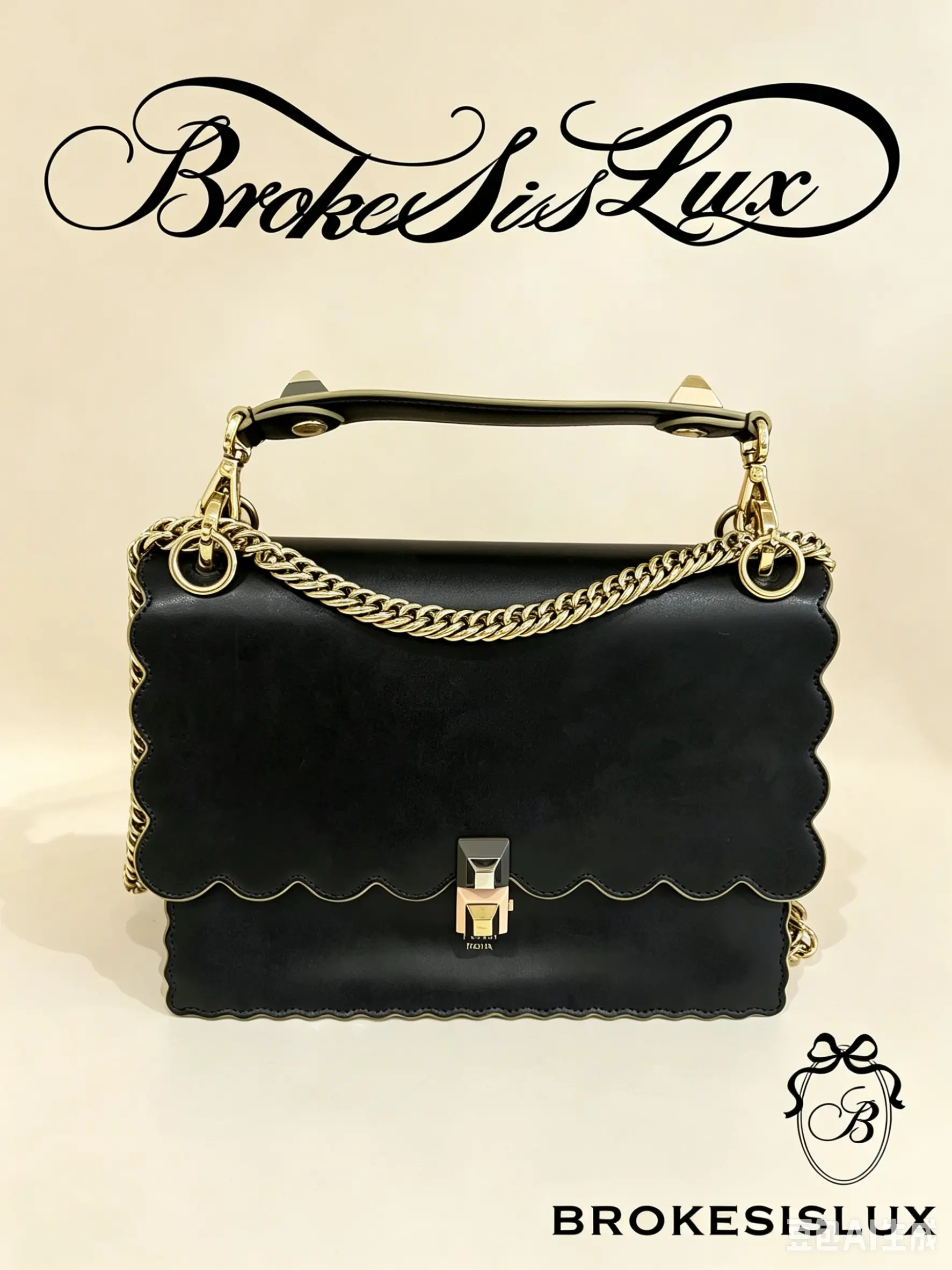 Pre-owned FENDI Roma Black Scalloped Leather Bag | Two Tone Lock, Chunky Gold Chain Crossbody