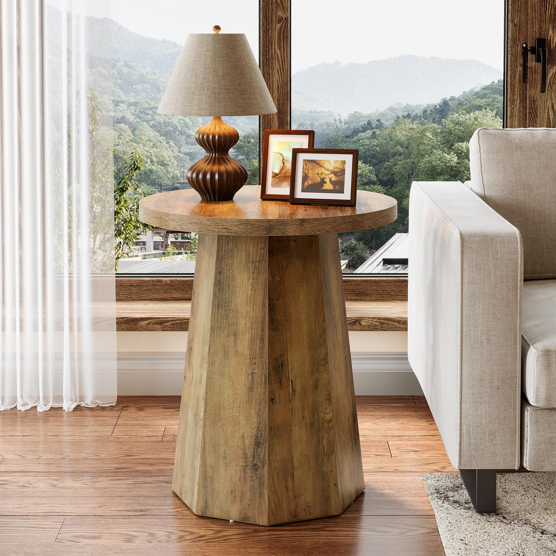 LITTLE TREE Farmhouse Round End Table, Wooden Couch Side Table with Octagonal Base, Rustic Brown Nightstand Pedestal Accent Furniture for Living Room, Bedroom LITTLE TREE Farmhouse Round End Table, Wooden Couch Side Table with Octagonal Base, Rustic Brown Nightstand Pedestal Accent Furniture for Living Room, Bedroom