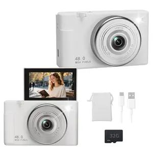 48MP Digital Camera with 16X Zoom 3" LCD 180° Flip Screen Compact Vlogging Camera 32G SD-Card White