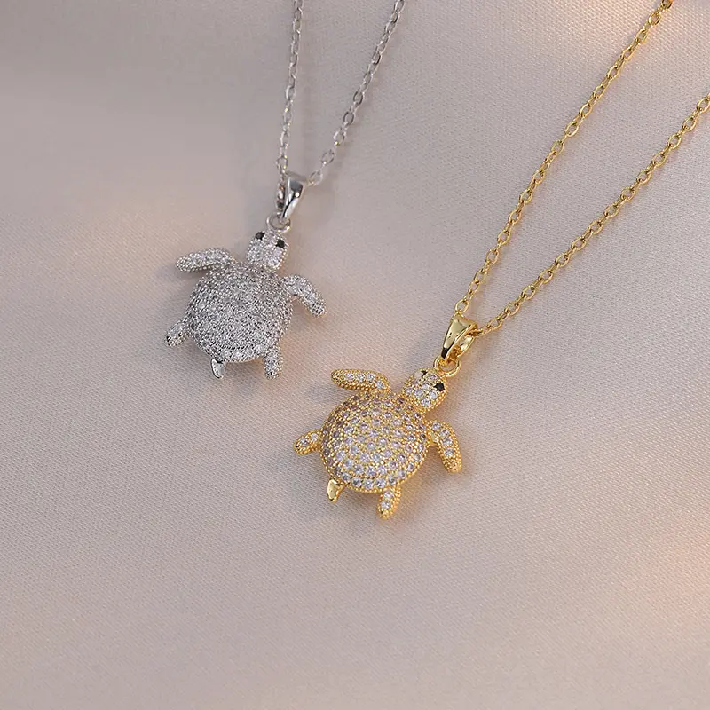 2PCS Cute Turtle Necklaces for Women, Sweet Cool Style Turtle Zircon Niche Fashion New Design Pendant Elegant Titanium Steel Necklace