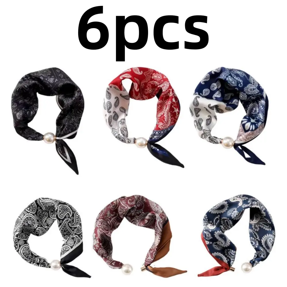 6 pcs Magnetic Pearl Scarf Silk Scarf Necklace for Woman Hair Bandanas Scarves Classic Printing Scarf with Charm Pearl