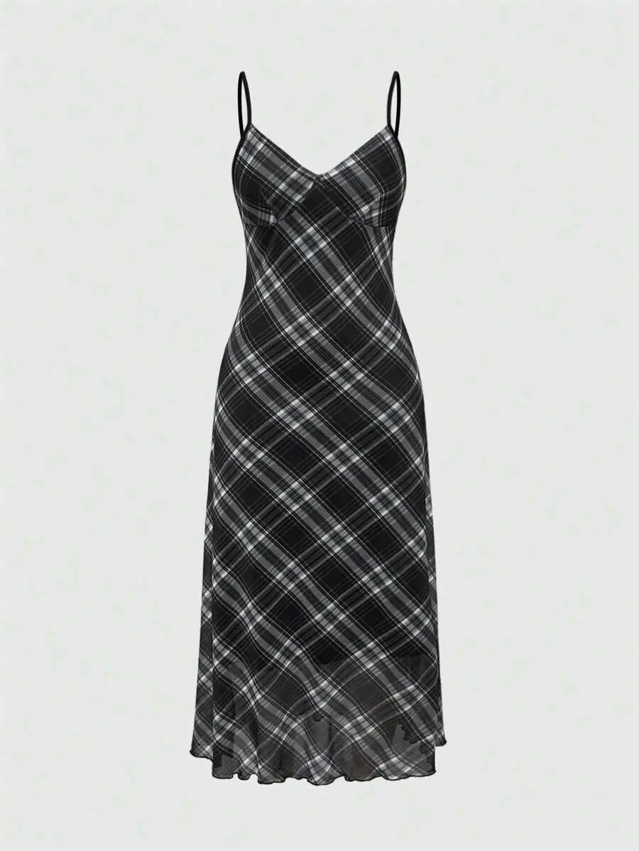 Spring/Summer/Autumn Fairycore Vintage Y2K Goth Punk Chic Women Sleeveless Plaid Minimalist Casual Dress, Suitable For Daily Wear