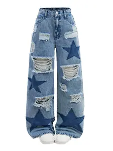 Plus Size High-Waisted Baggy Wide   with Star Applique Distressed Ripped Details for Curvy Figures - Streetwear, Denim Leg Jeans