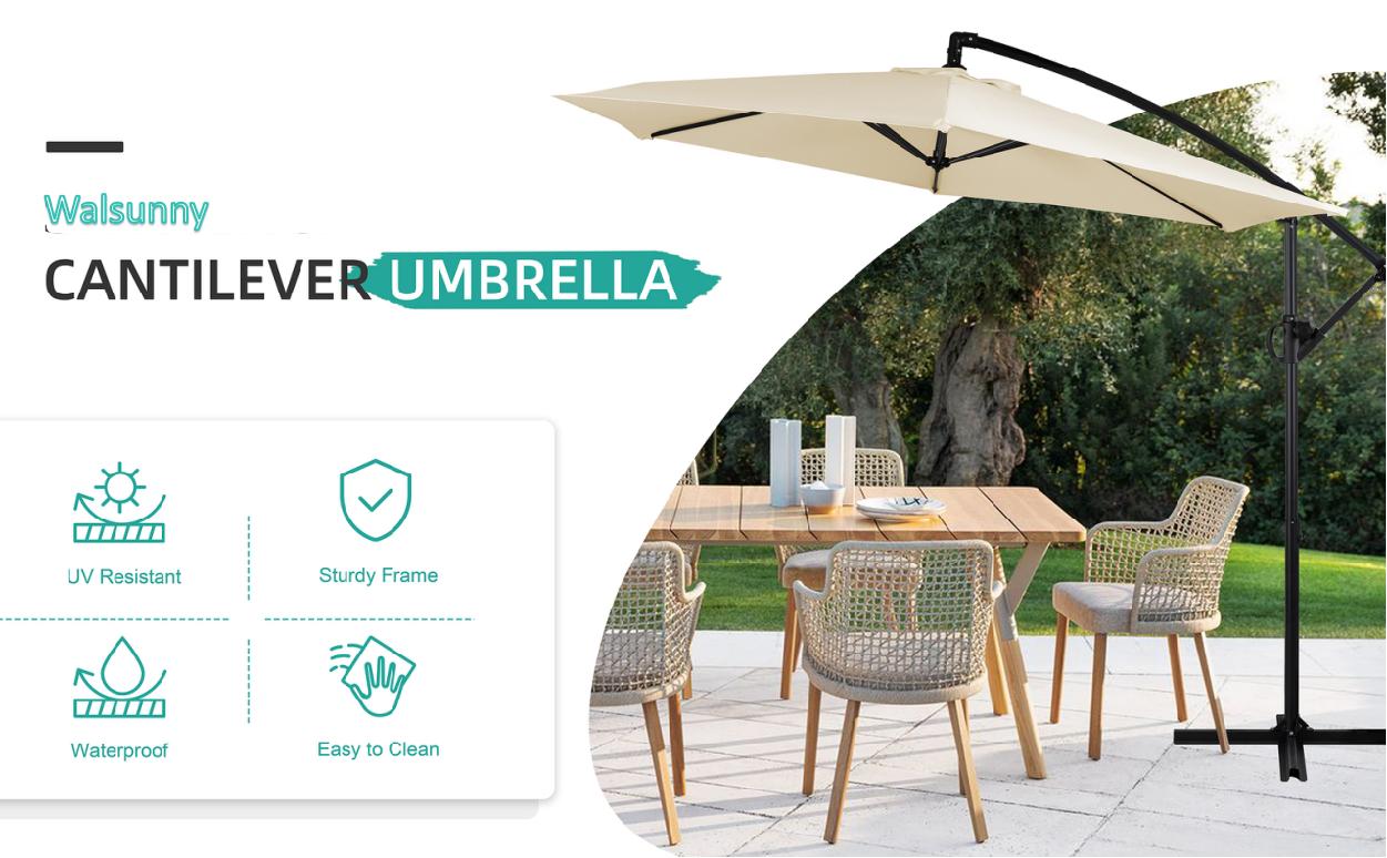 Walsunny Outdoor Patio Umbrella with Based, 9ft Offset Hanging Patio Offset Umbrella w/Easy Tilt Adjustment, Cantilever Hanging Shade for Poolside