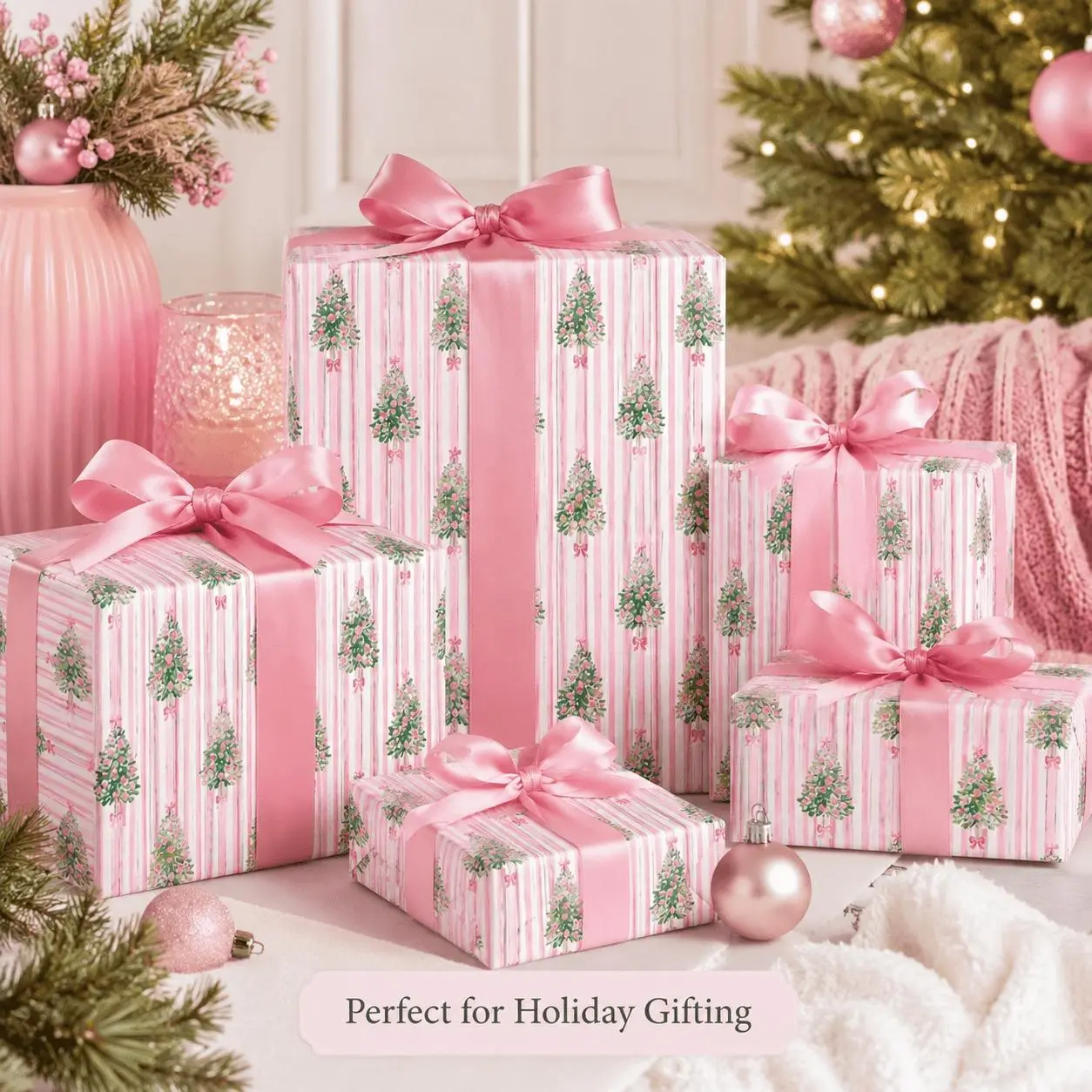 FT Pink Christmas Wrapping Paper Roll Vintage Christmas Tree Gift Wrap Paper, Holiday Wrapping Paper for Christmas Gifts