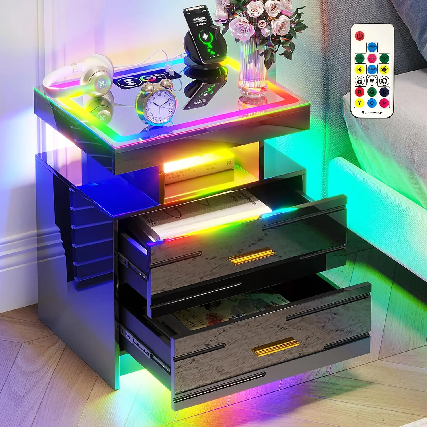 Vlsrka Smart Nightstand with Wireless Charging Station, Remote Control RGB Dynamic Motion Sensor LED Lights, Tempered Glass Top, High-Gloss Engineered Wood, 2 Drawers, Modern Furniture for Bedroom, Modern Home Decor