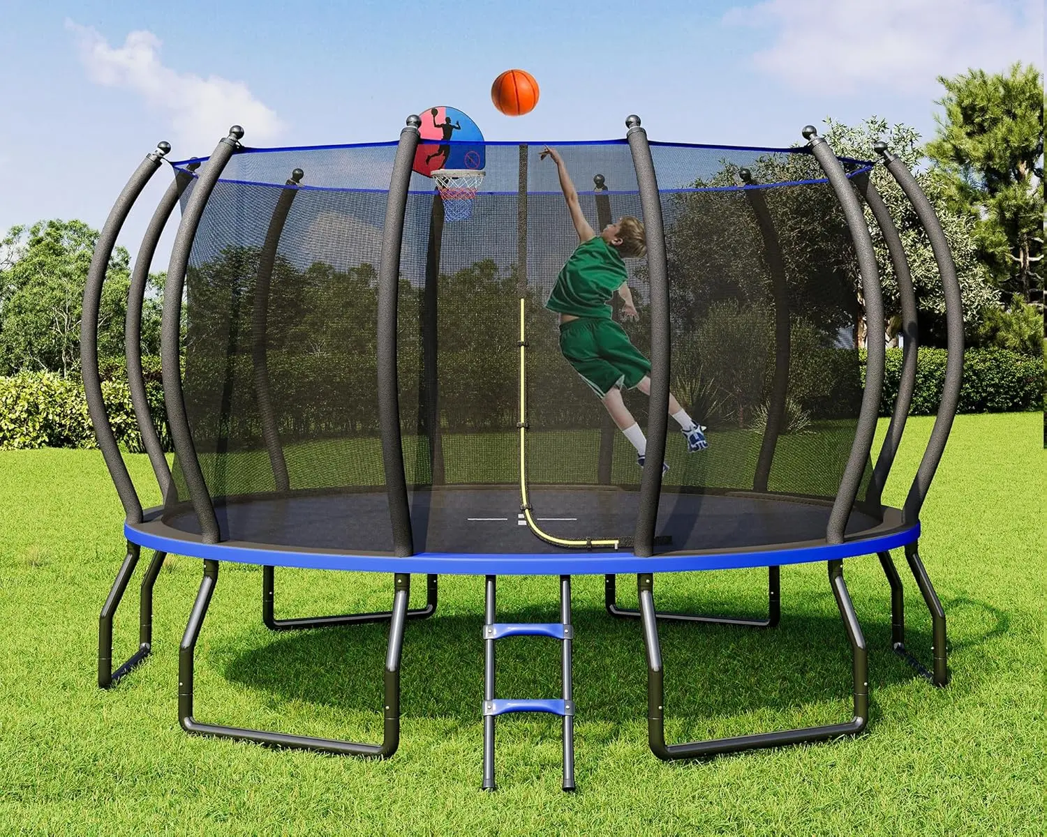 Amerlife 8 FT Round Recreational Sports Trampoline for Kids, Heavy-Duty Stable Exercise Trampoline with Safety Enclosure Net, Curved Poles, Ladder, ASTM Approval & Easy Installation Setup