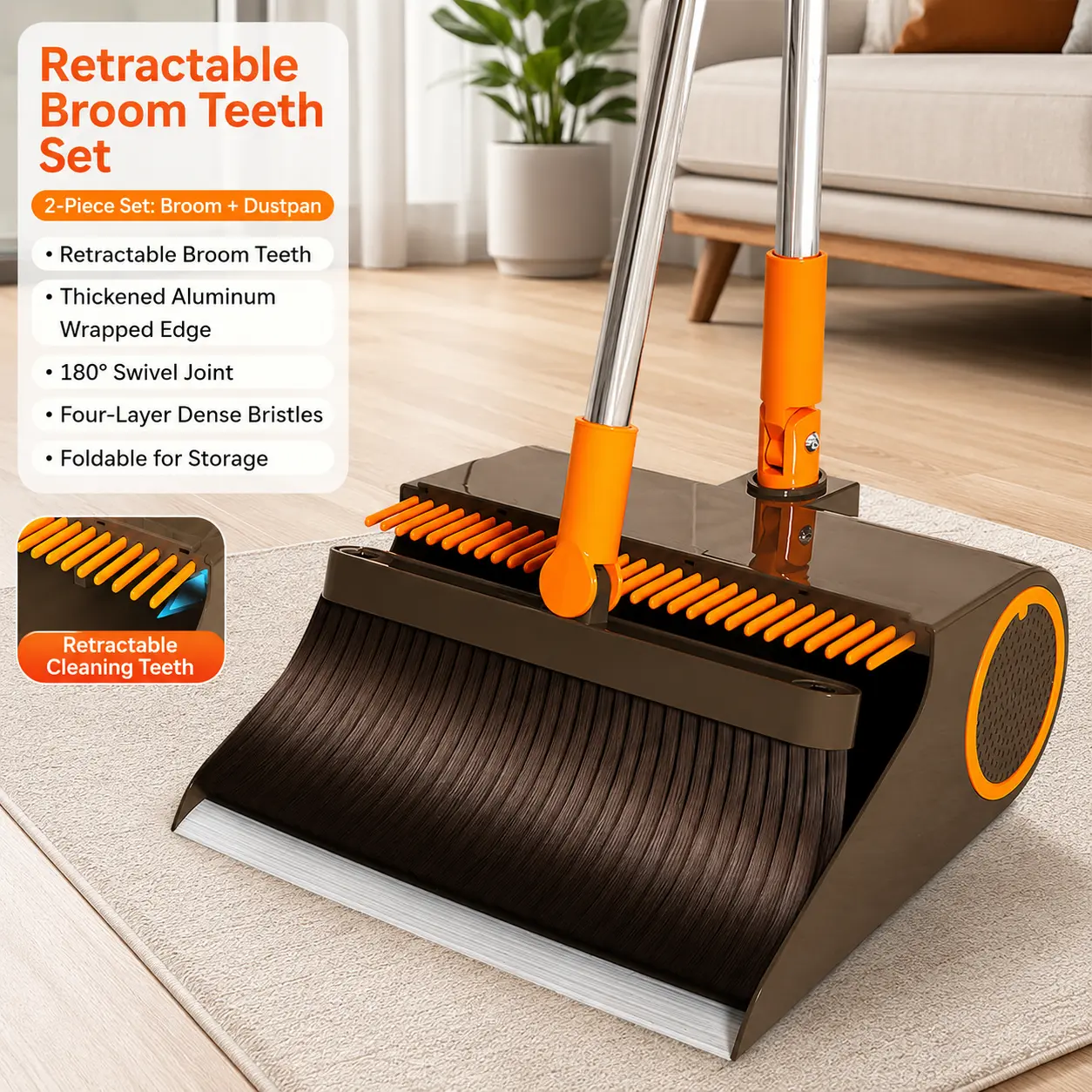 Broom and Dustpan Set, Satisfying Self-Cleaning Stand Up Dustpan with Built-In Comb Teeth, Upright Broom with 180 Swivel Head, Long Handle Foldable Broom Combo for Pet Hair Dust, Aesthetic Cleaning Tool for Kitchen Bathroom Apartment Dorm