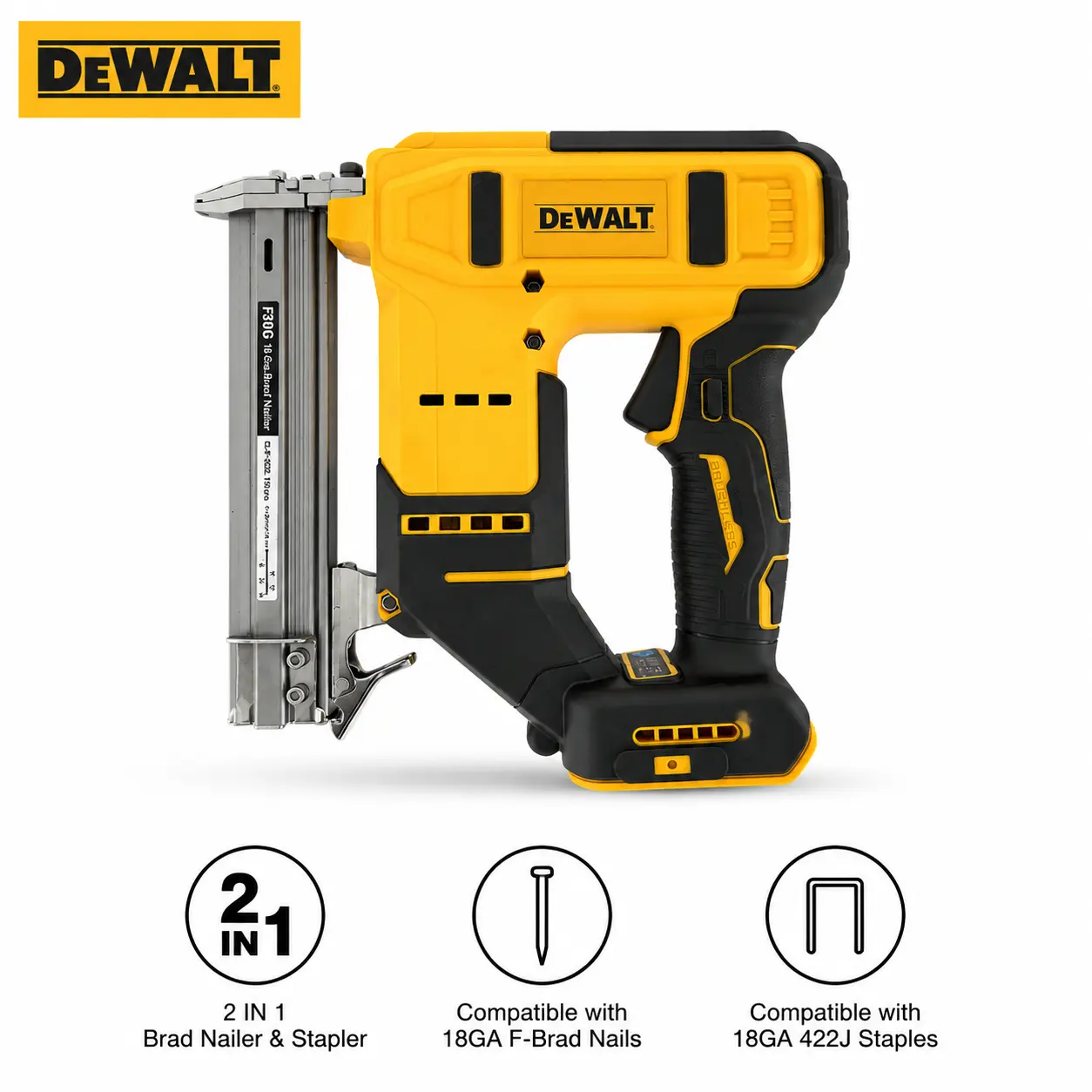 DEWALT F30 2 In 1 Cordless Brad Nailer Stapler, 20V MAX Lithium Fastening Tool, Brushless Motor, Dual Fire Modes, 100 Fastener Clip, Depth Adjustment, Jam Clearance, For Wood Trim Renovation Handmade Craft Assembly