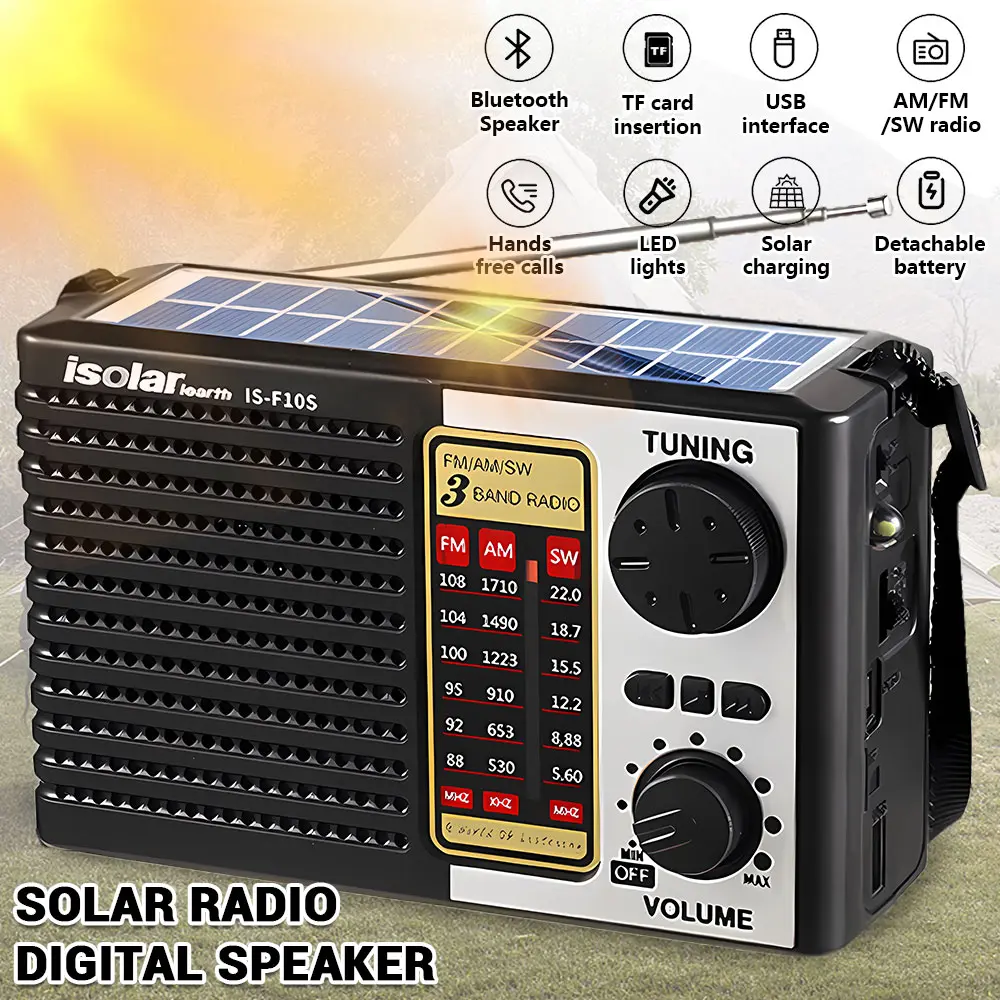 Solar Portable FM/AM SW Radio Digital Bluetooth Speaker MP3 Player Rechargeable Comes with a Flashlight and Wrist Strap Audio