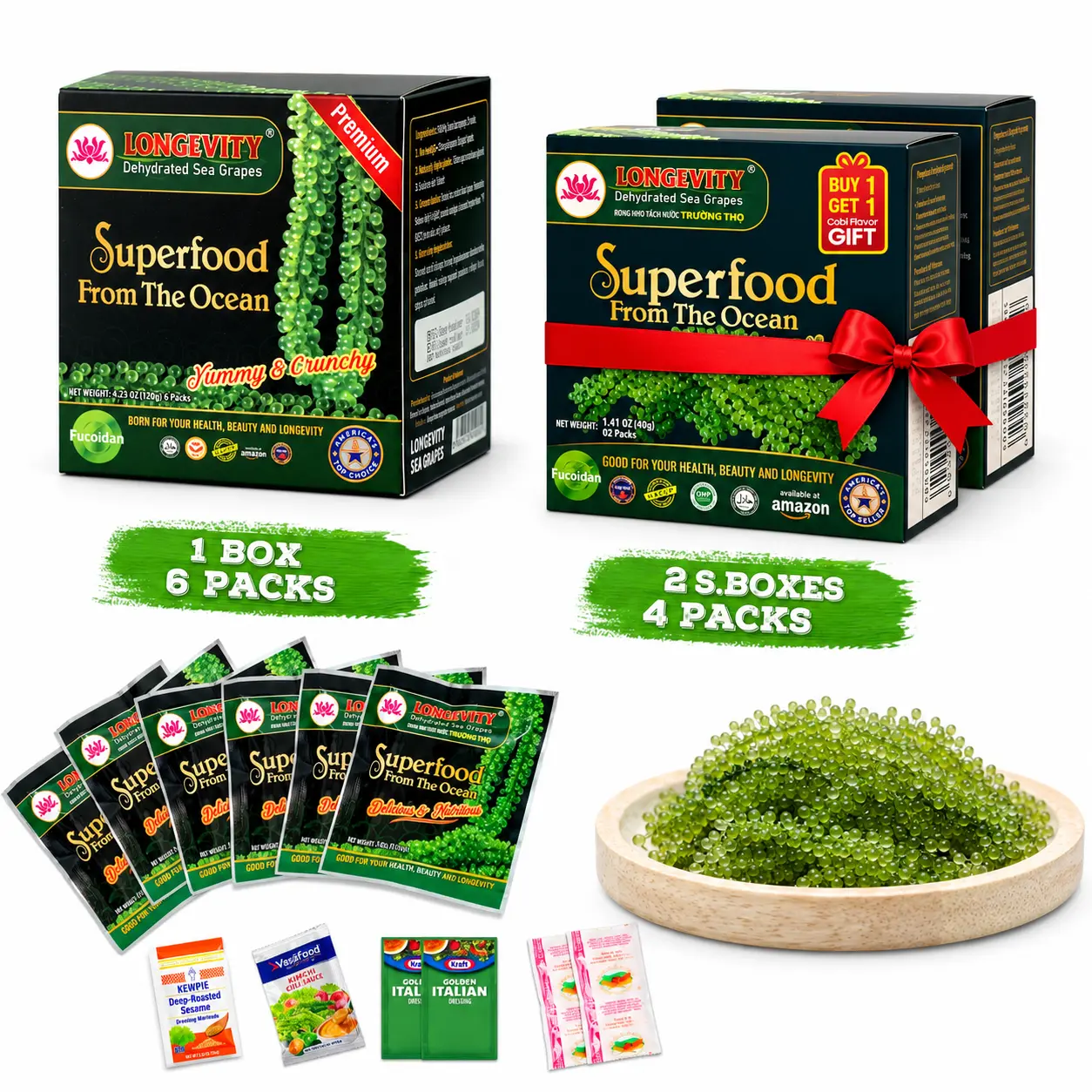 [Buy 1 Get 1 Gift Free] Longevity Dehydrated Sea Grapes 6 Packs of 4.23 oz Green Caviar Umibudo Latok Seaweed Organic Premium Quality Crunchy Flavor Superfood From The Ocean