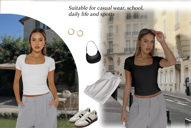 AUTOMET Women's 3 Pack short Sleeve Crop Tops Slim Fit Y2K Fashion Basic Layering Shirts Haze Blue White Black Minimalist Casual Korean Style Everyday Womenswear Short - Summer SpringStatements