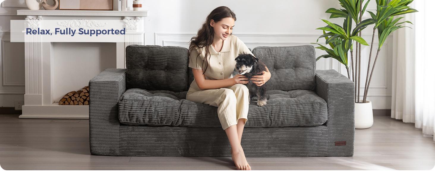 MAXYOYO 3 Seater Couch for Living Room, Boneless Couch with Tufted Cushion & Backrest, Upholstered Floor Sofa for Adults, No Assembly Required, Dark Grey