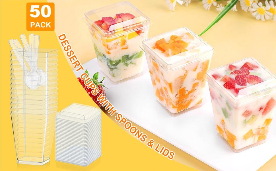 Mini Dessert Cups 5oz with Lids & Spoons | 50/100 Pack Crystal Clear Parfait Cups for Parties, Catering & Events