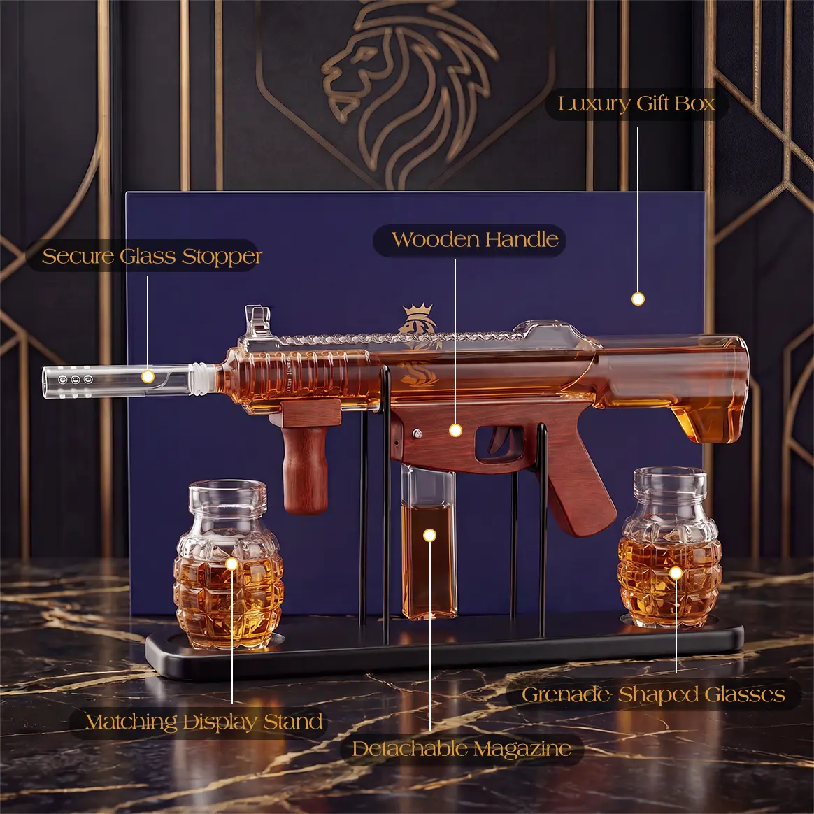 Man Cave Bar accessories,Kollea Whiskey Decanter Bottle Set with Premium Gift Box,Detachable Liquor Glassware with Bullet-Shaped Cups,Handcrafted Glass,No Alcohol Included,Cool Anniversary&Birthday Gifts for Him,Husband,Military Home Bar Utensils,sohochic