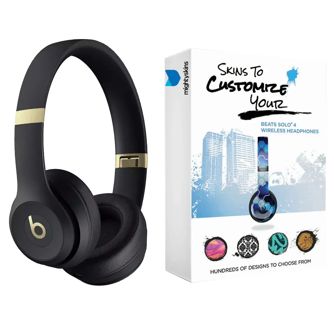 Beats Solo 4 Bluetooth Wireless On-Ear Headphones with MightySkins Protective Skins Bundle - Black/Gold