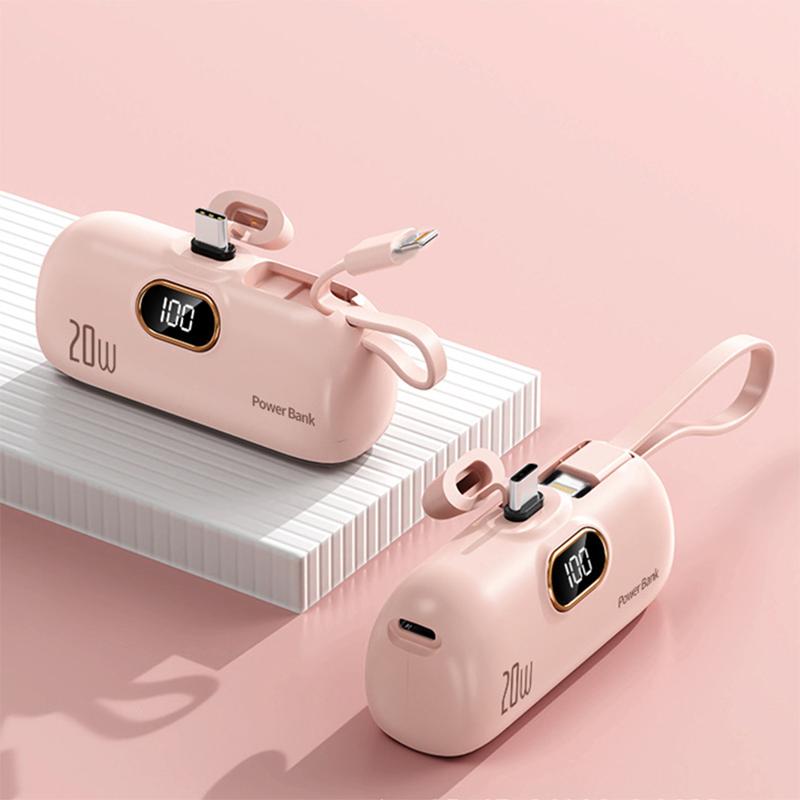 1PCS A pink. 5000mAh Mini Portable Power Bank, PD Fast Charging With LED Display, Type-C & IPhon Cable, Compatible With IPhon 6–15 Series