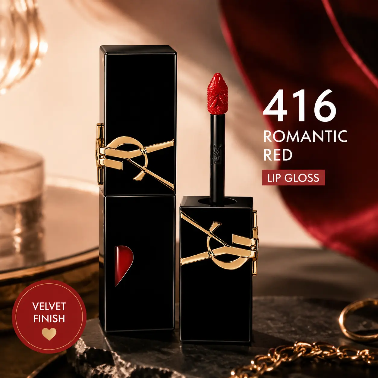 YSL416 Red Lip Gloss | Luxury Glossy Lip Color | High Pigment Velvet Finish Lip Makeup For Women