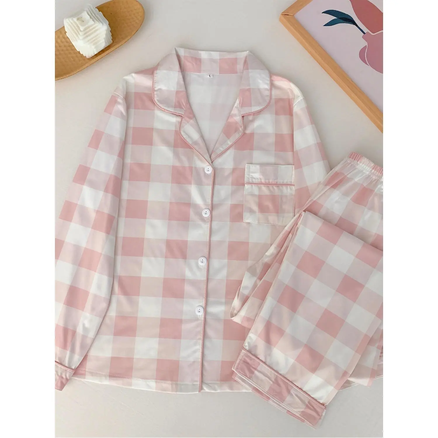 Women's Sweet Pink White Gingham Plaid Lapel Long Sleeve Pajama Set, Spring Autumn Button Top & Elastic Long Pants Casual Loungewear 2pcs Outfit